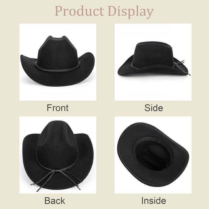FGSS Classic-Western-Cowboy-Hat Upturn-Brim Felt-Cowgirl-Hat Rodeo-Hats with Belt for Women Men (Fit for 22.4-23.2") - Image 3